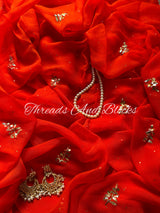 Orange Floral Buti Mukaish Chiffon Saree