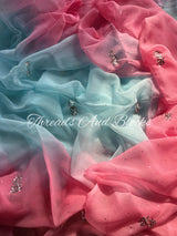 Blue Pink Mukaish Floral Saree