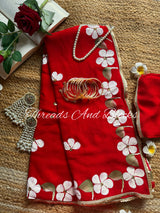 Red Hibiscus Border Saree