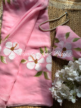 Baby Pink Hibiscus Hand Painted Saree