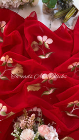Red Morning Glory Hand Painted Saree