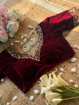 Wine Mesh Border Velvet Blouse