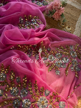 Pink Silver Gold Sequin Buta Saree
