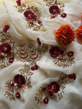 Beige with Red Sequins Flowers Saree