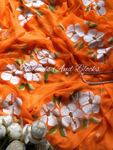 Orange Hibiscus Hand Painted Saree