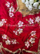 Red Pink Sequin Hibiscus Saree