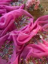 Pink Silver Gold Sequin Buta Saree