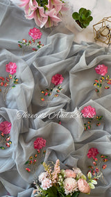 Grey Long Stem Floral Buta Saree