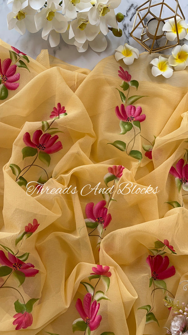 Pink Floral Creeper Hand Painted Saree