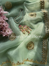Pearl Mint Kachi Gota Tissue Saree