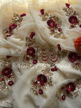 Beige with Red Sequins Flowers Saree