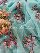 Aqua Blue Floral Stem Saree