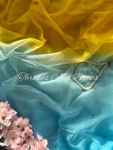 Yellow Blue Floral Mukaish Saree