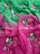 Green Pink Lotus Pond Saree