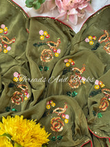 Olive Peacock And Floral Crepe Saree