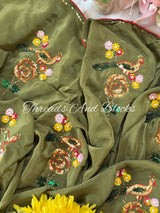 Olive Peacock And Floral Crepe Saree