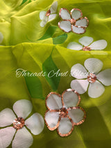 Green Hibiscus Hand Painted Saree with Sequins