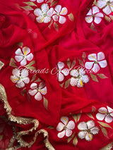 Red Pink Sequin Hibiscus Saree