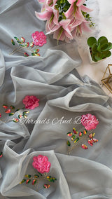 Grey Long Stem Floral Buta Saree