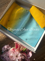 Yellow Blue Floral Mukaish Saree