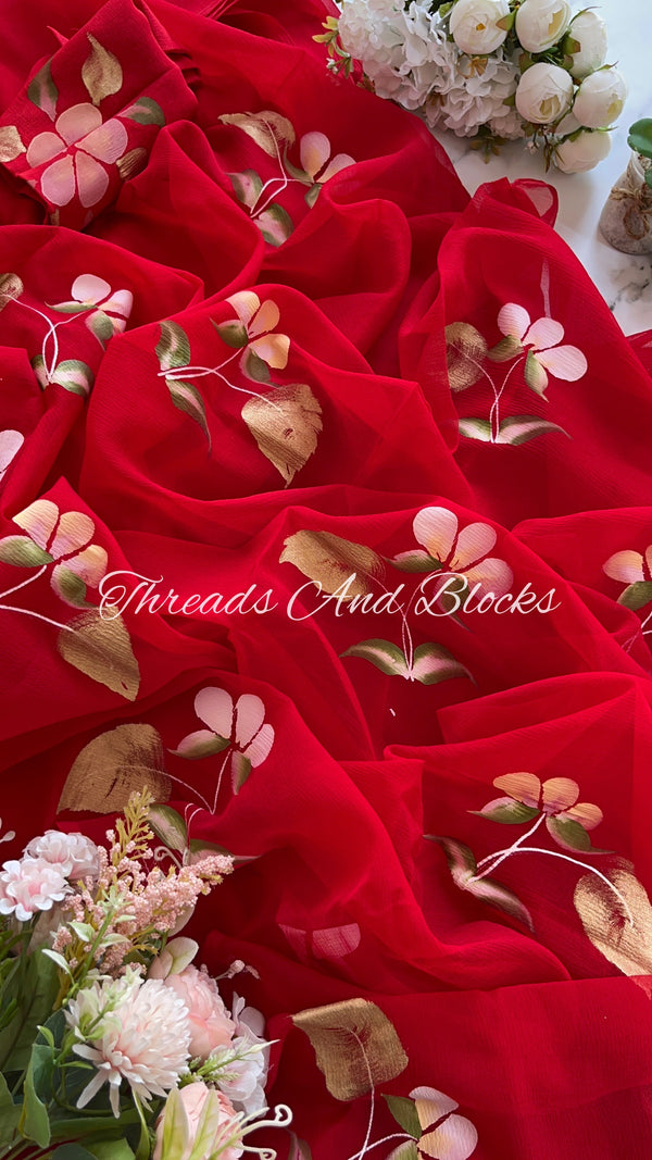 Red Morning Glory Hand Painted Saree