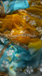 Blue Yellow Hibiscus Border Saree