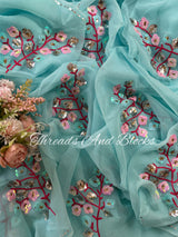 Aqua Blue Floral Stem Saree