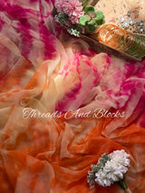 Raspberry Orange Shibori Saree