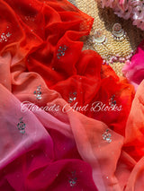 Pink Orange Rose Mukaish Saree