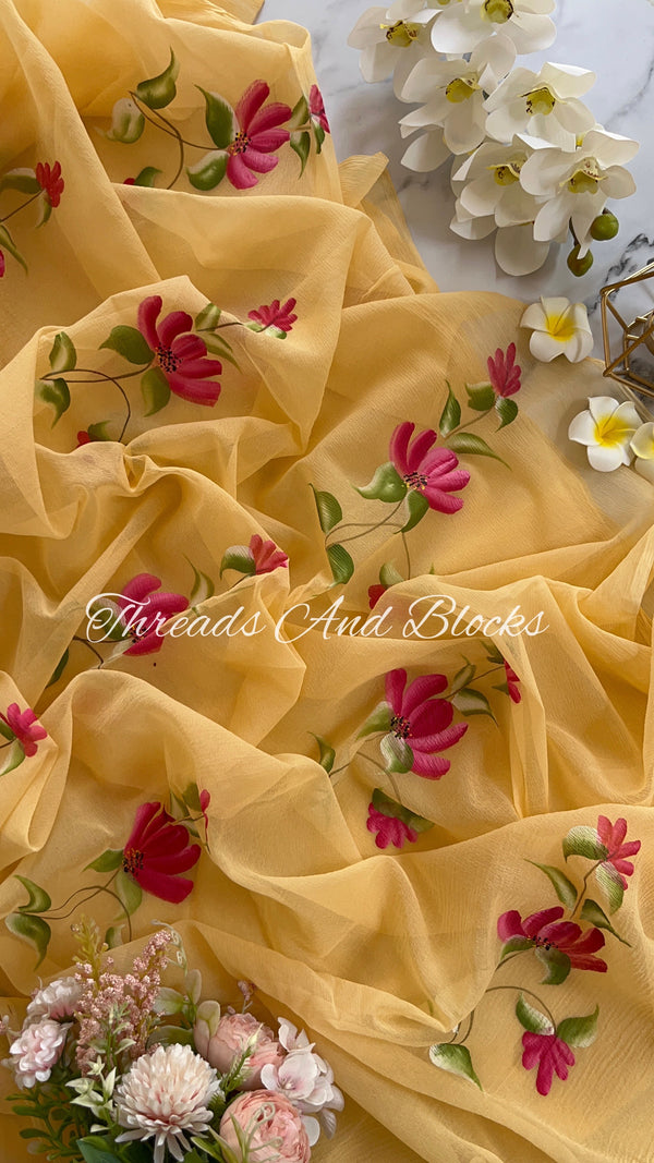 Pink Floral Creeper Hand Painted Saree
