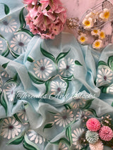 Powder Blue Organza Daisy Hand Painted Saree
