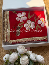 Red Pink Sequin Hibiscus Saree