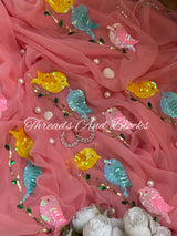 Pink Chirpy Birds Chiffon Saree