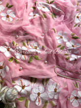 Baby Pink Hibiscus Hand Painted Saree
