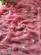 Rose Pink Snowdaisy Handpainted Saree