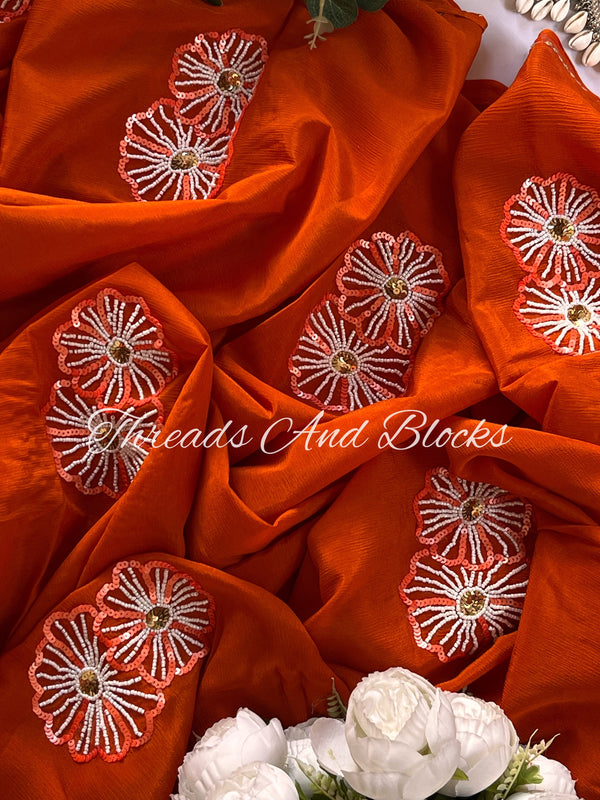 Burnt Orange Chinnon Floral Buta Saree