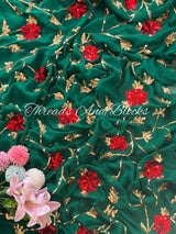 Bottle Green with Red Floral Jaal Saree