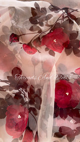 Organza Red Rose Saree with Pearls