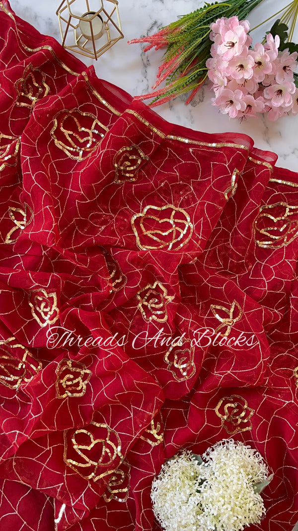 Rich Red Heavy Floral Jaal Saree