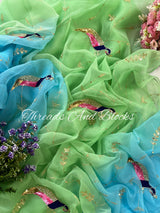 Shaded Blue Green Jaal with Peacocks
