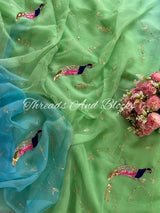 Shaded Blue Green Jaal with Peacocks