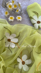 Lime Hand Painted Daisy Saree