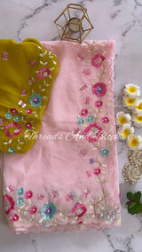 Dreamy Pink Organza Saree with Olive Blouse