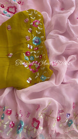 Dreamy Pink Organza Saree with Olive Blouse