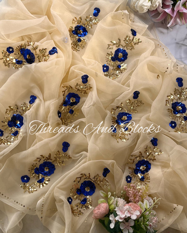 Beige with Blue Sequins Flowers Saree