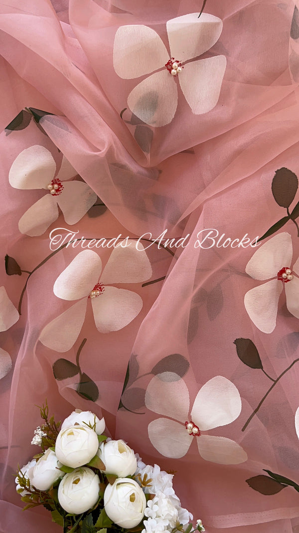 Organza Hibiscus Saree with Pearls