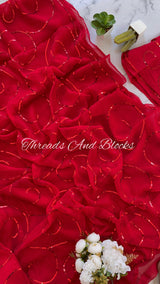 Cherry Red Monotone Sequin Jaal Saree