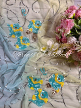 Soft Blue and Lemon Rose Jaal Saree