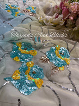 Soft Blue and Lemon Rose Jaal Saree