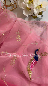 Shaded Pink Jaal Saree with Peacocks